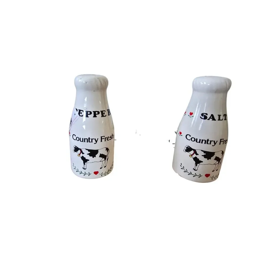 Country Fresh Milk Jug Salt & Pepper Shakers With Wire Basket See Desc